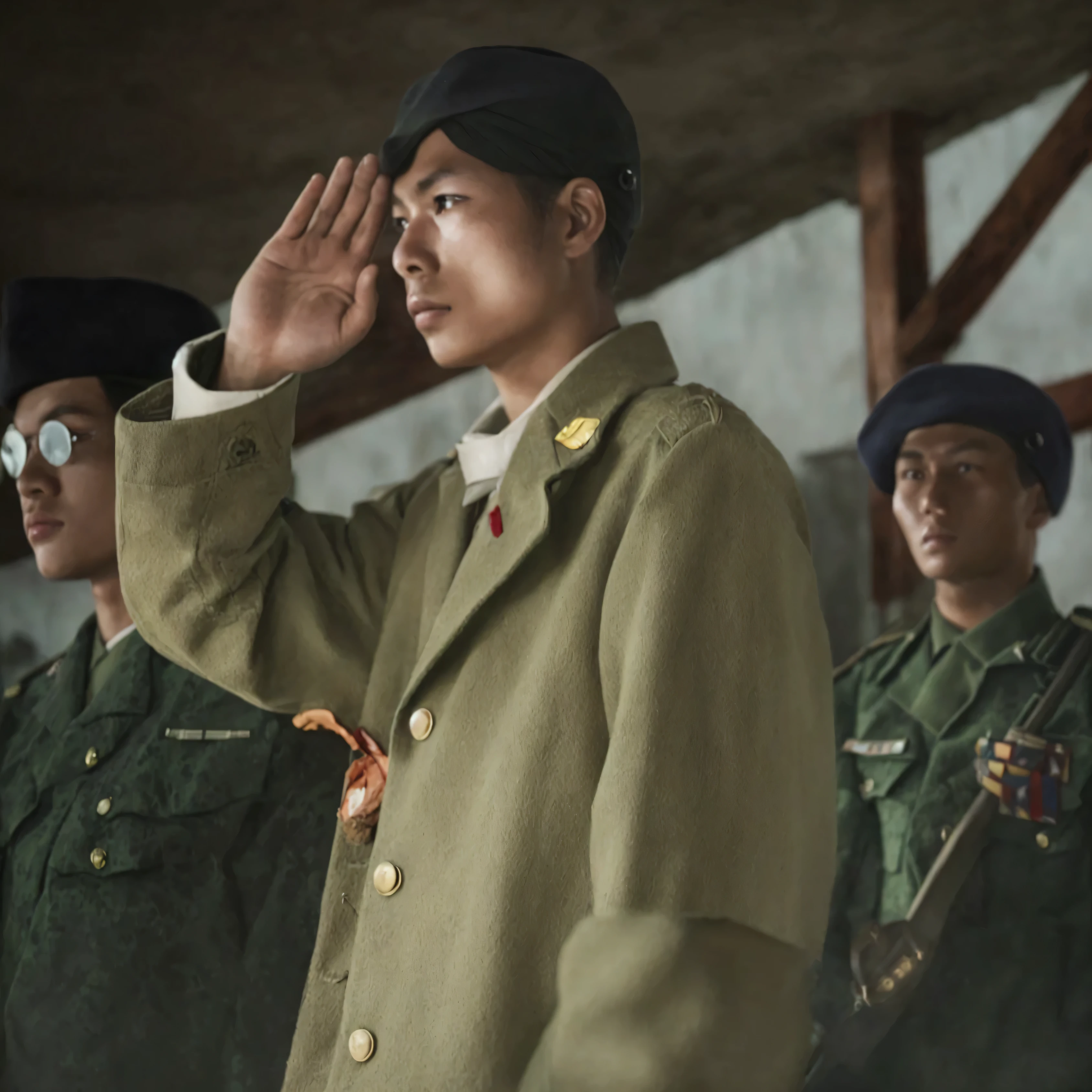 Make this photo look realistic and detailed, there are many soldiers that are standing in a line, indonesian soldier in world war 2, very detailed potrait, realistic portrait photo, profile portrait, very detailed face, very realistic face, very perfected face, very detailed clothes, very realistic clothes, very perfected clothes.