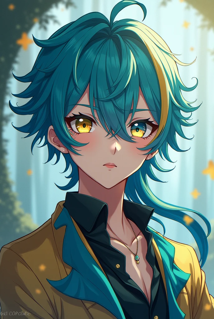 Anime style man with long flowing hair with asymmetrical locks with main color would be a turquoise blue mixed with shades of blonde or yellow. large, expressive eyes, with a color that combines blue with a golden or amber tone, possibly with a gradient effect or heterochromatic eyes (one blue and one gold).
