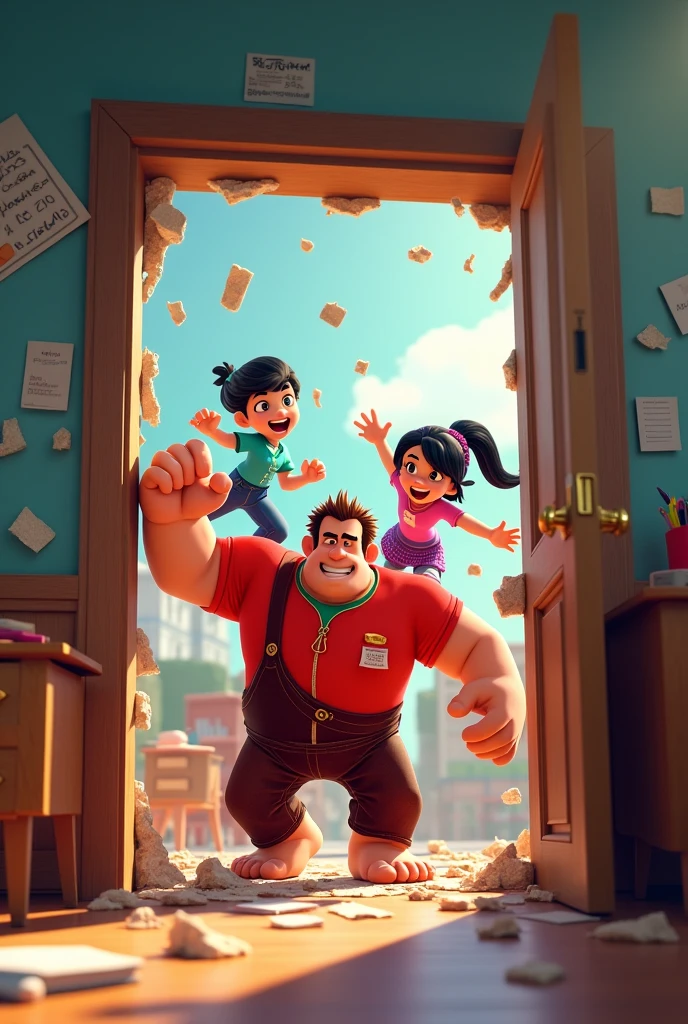 Generate a Wreck-It Ralph themed cover image, where they come out of a door and destroy it with various characters for a classroom of school children with measurements 1,50m high, 70cm wide and 1080p resolution