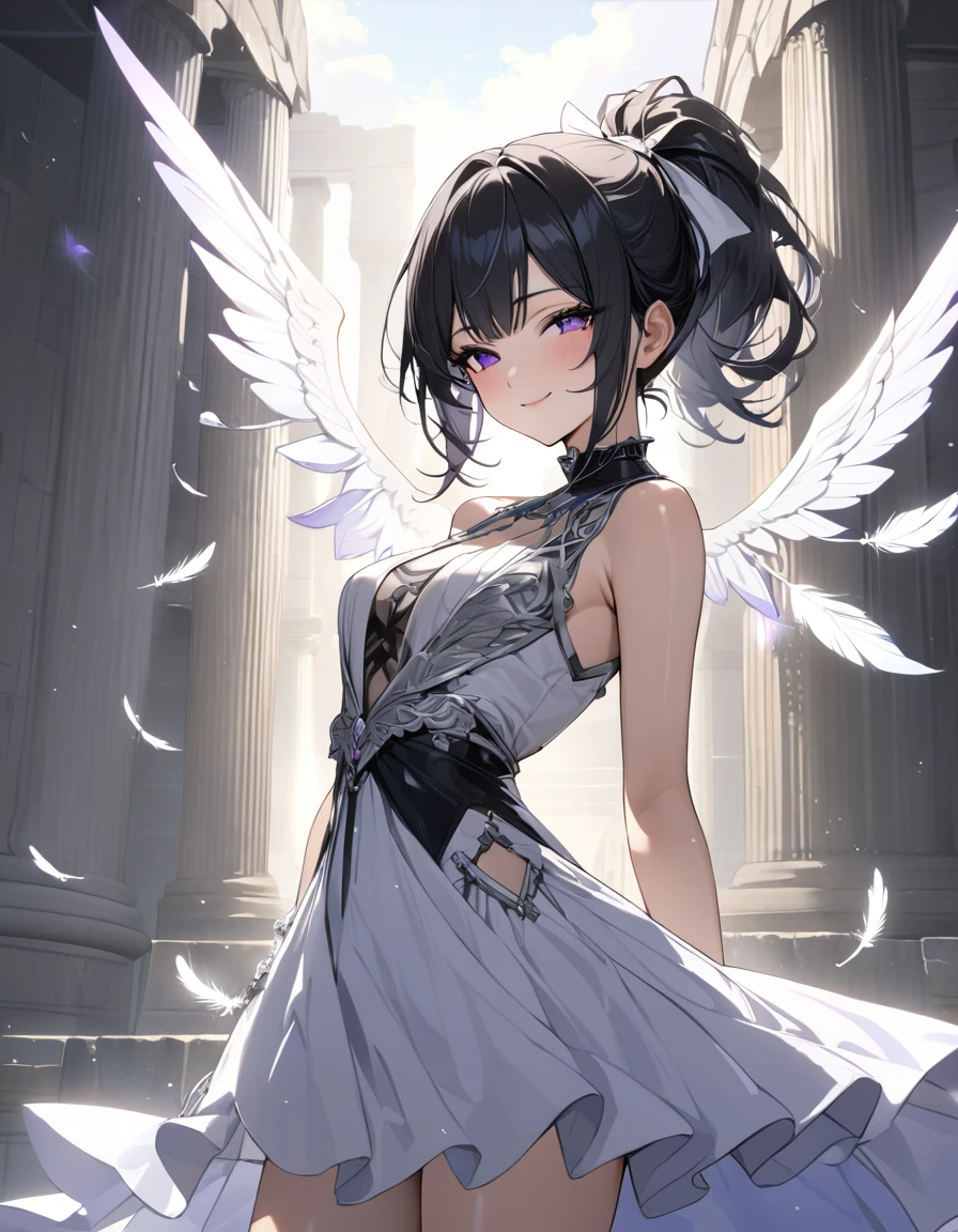 (masterpiece)、(absurdres)、(ultra detailed)、(8k),angel:1.1,(solo lady、shiny black hair、iris purple eyes、short highponytail
、(1white ribbon:1.1)、(Gothic MaxiDress:1.2)(silver detailed),floating angel feathers:1.3,(backlighting:0.9),Ancient Greek temples:0.9、half-closed eyes,closed mouth,smile,cowboy shot,