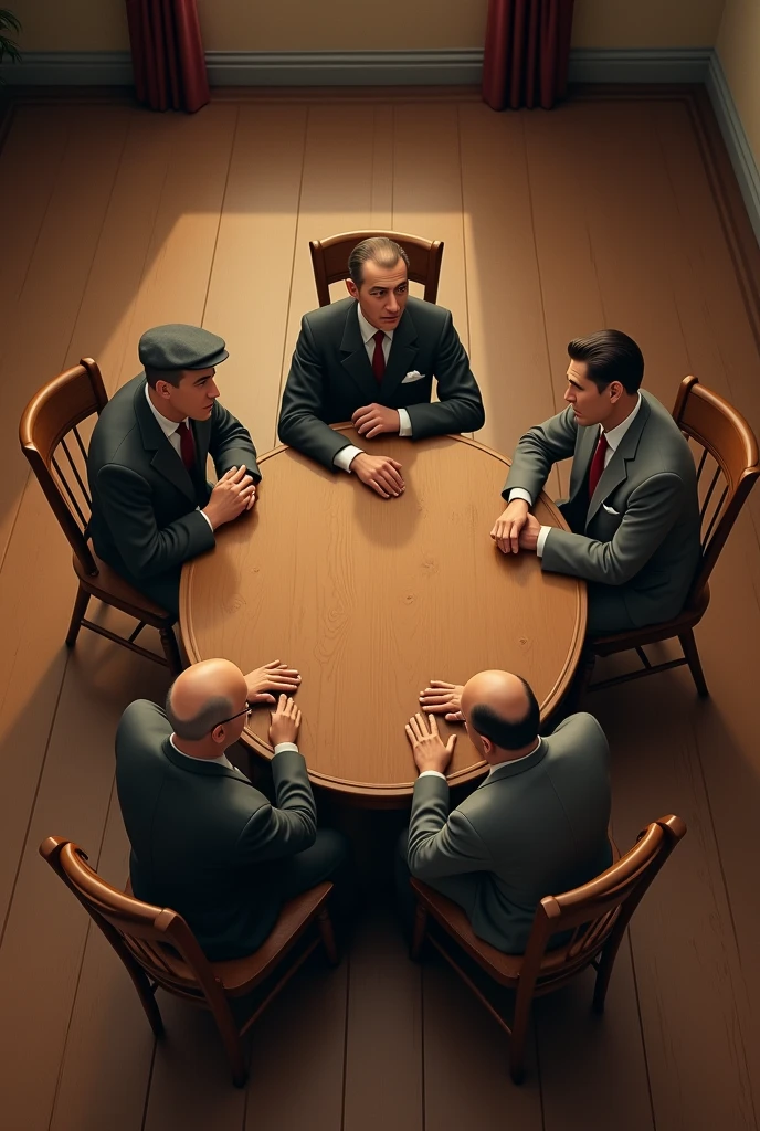 I want an animated image where there is a group of 5 people sitting around a circular table and there is space to put text above the people&#39;s heads. I want the image to be from a distance, so that it looks like an image in 1957. I want it to be an image from above and that there are only men. I want the image to be in a horizontal format and for them to be without hats. 

