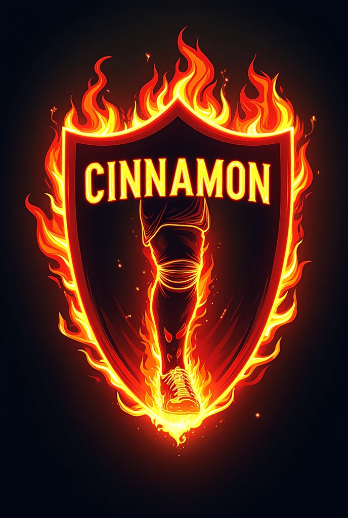 Create a coat of arms as if it were a football team that has the same name "cinnamon fire". Put a whole leg on fire on the coat of arms. Also put the team name on the coat of arms in Portuguese. 