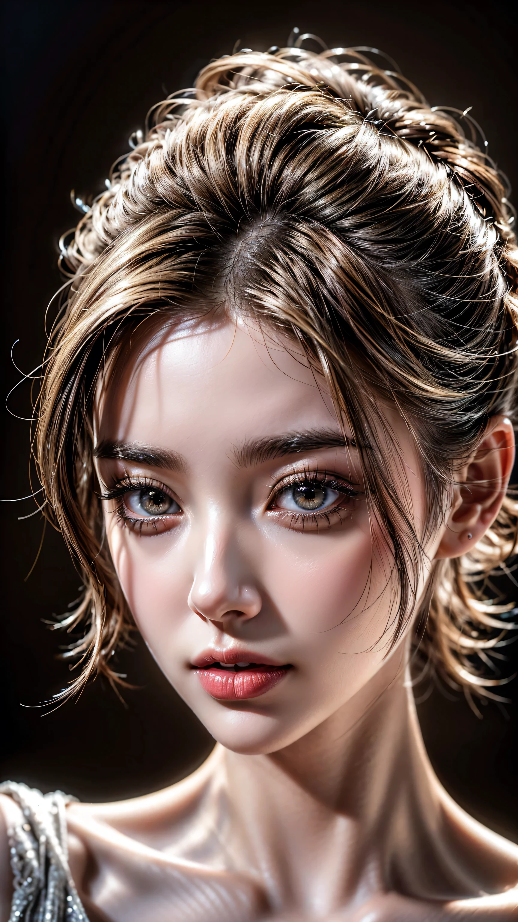 Realism, Realistic, ((ultra realistic details: velvety skin, blonde short slicked to the side hair, symmetrical lips, light glossy red_lipstick, long blue_eyelashes, pupils, BREAK ((brown_eyes))), anatomicallycorrect, perfect proportions), BREAK Hyper-Photorealistic ((portrait)) a cute 1model:1.4 24yo, dslr, best high quality soft lighting, sharp focus captured by Fujifilm XT3, f 5.6, in a dramatic lighting, l (perfect composition), ((pale skin)), ((dry skin)),