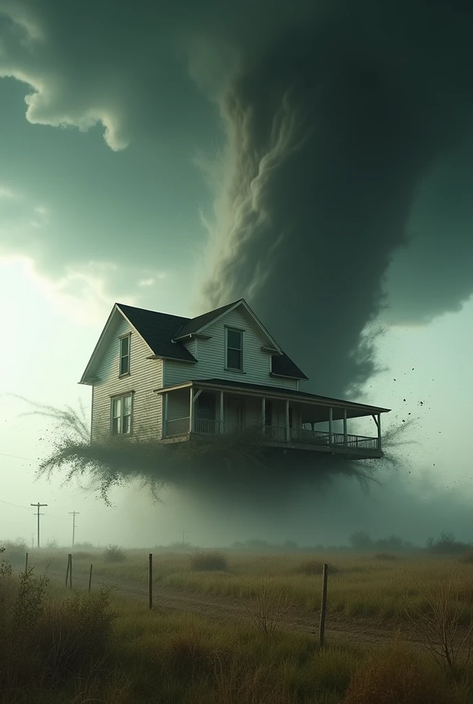 A Kansas farmhouse flying and rotating inside of a tornado
