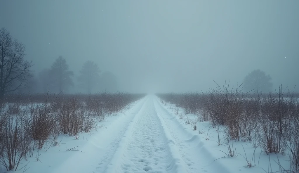 A SCENE OF COLD GREY TONES, WITH A MELANCHOLIC THEME OF A LANDSCAPE WITH GREY SKY AND SNOW, close up of two paths joined by the center at the beginning, one goes from the center to the left and the other goes from the center to the right, WHILE SNOWFLAKES FALL