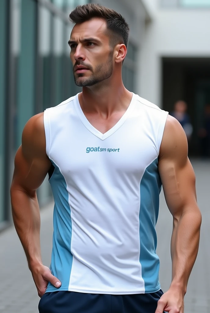 17:39:01 Sleeveless DVD running type V-neck T-shirt, white in the center that says in small letters GOAT  SPORT in dark blue, On the sides a light blue color for men
