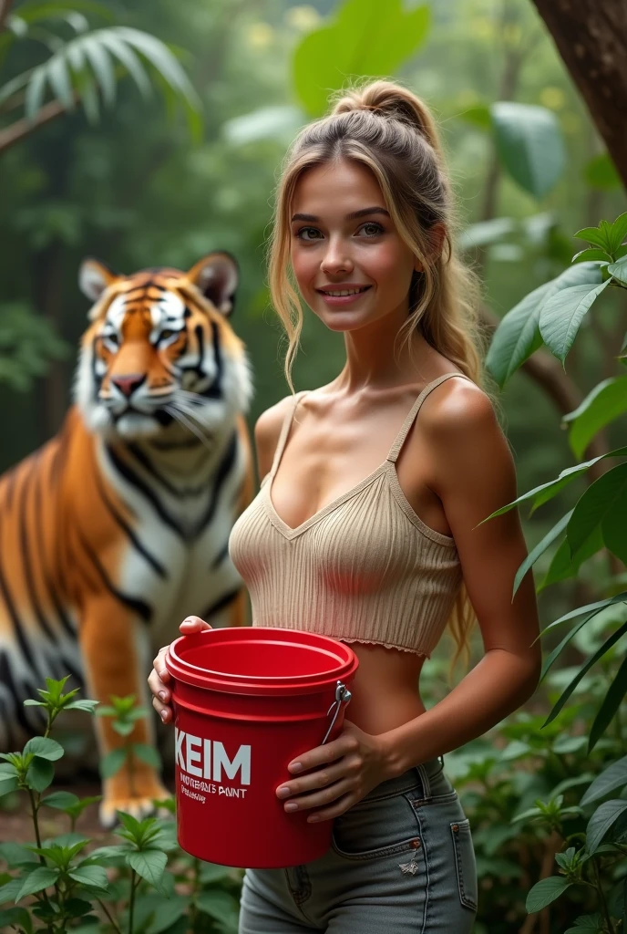 Beautiful australian girl posing wirh a red paint bucket branded “keim”, “mineral paint” background is green plants, sustainability, lush forest, beautifuk tiger chill in the background