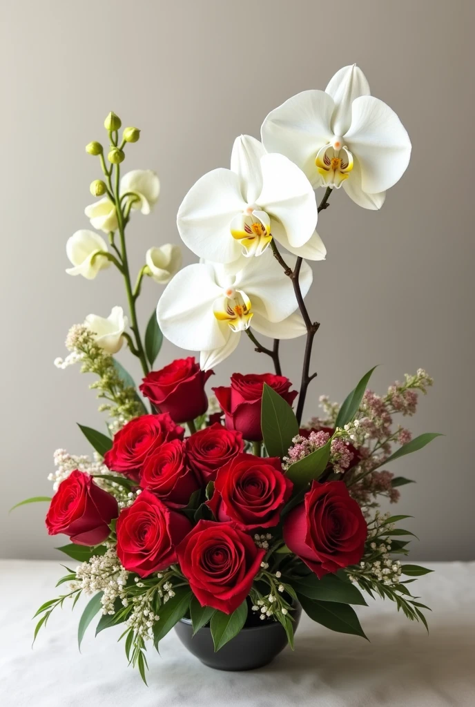 Beautiful white orchids with red roses in a bouquet