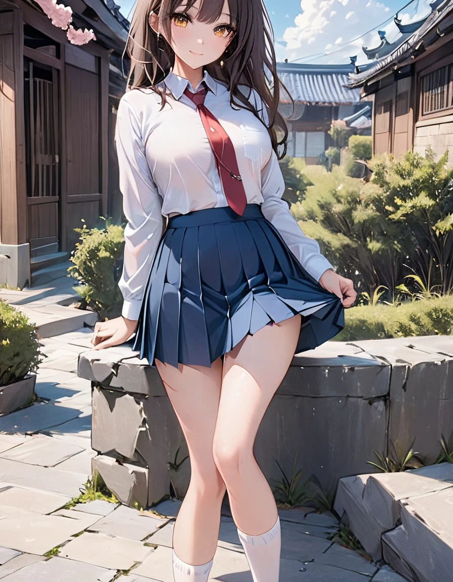 1girl, solo, long hair, , looking at viewer, blush, smile, bangs, skirt, brown hair, shirt, long sleeves, brown eyes, closed mouth, school uniform, standing, yellow eyes, white shirt, pleated skirt, outdoors, necktie, sky, socks, collared shirt, blue skirt, kneehighs, feet out of frame, white socks, red necktie, shirt tucked in, architecture, east asian architecture