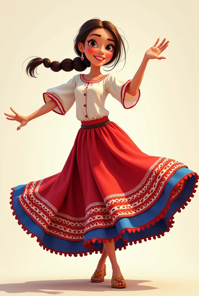 Poster of a Pixar character in a typical Paraguayan costume, wearing a white blouse, dancing with brown hair in a braided ponytail and a jug on her head, Brown eyes, barefoot and wearing a loose white blouse with a long red, white and blue skirt. Ñanduti-type embroidery print

