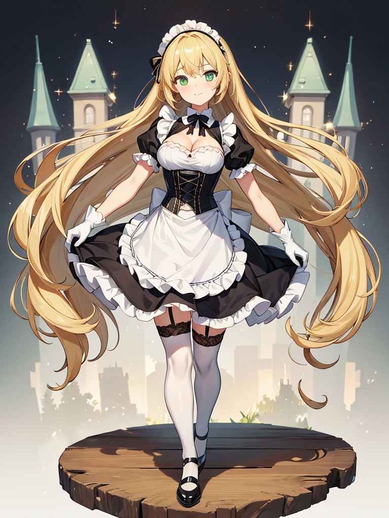 masterpiece, best quality, extremely detailed, anime, 1girl solo girl, longhair, blonde, green eyes, french maid, laced corset with black lacing, white underbust, cleavage, cleavage cutout, clothing cutout, white apron, frill, mini skirt, black layered skirt, white skirt, black garter belt, black stockings, high-heeled shoes, short sleeves, elbow gloves, white gloves, slender, small breast, slightly slimmer thighs, beautiful detailed face and eyes, fearless, smile, standing figure, full body, no background