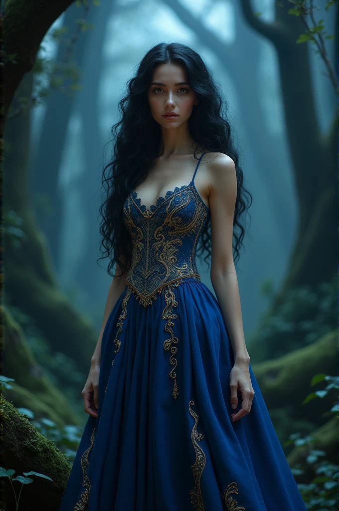 Eleven, black, long curly hair, blue and gold dress, Brown eyes, in the dark forest at night