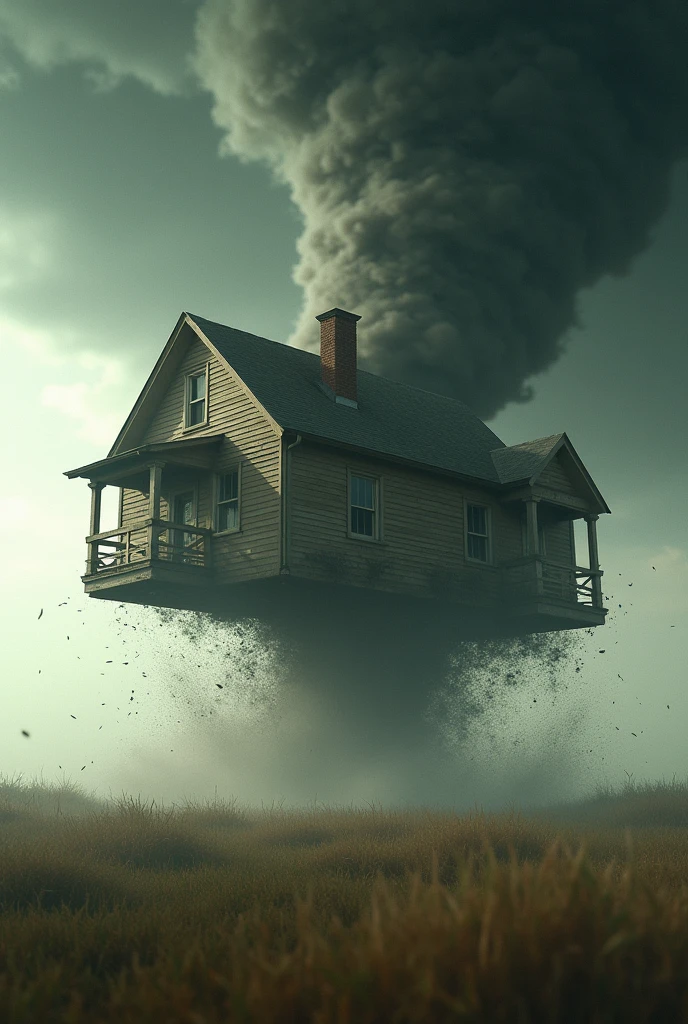 A Kansas farmhouse flying and rotating inside of a tornado