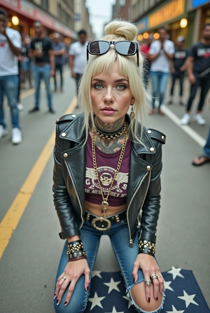 russian old milf woman, , blonde platinum hair (beehive bun) and oversized square sunglasses as headband), with very light green eyes, extremely pale. Wearing studded, padded shoulders, cropped black moto jacket (zippers on the side. dark burgundy push up t-shirt with skull and wings logo and gothic lettering,, dark skinny low rise blue jeans with holes on knees .White tennis sneakers. Lots of thick wide studded bracelets, chain collars and big rings. Tacky wide studded leather belt, with big skull and bones round buckle. Long earrings with chains. Kneeling on a large ragged usa flag, looking at the photographer. Craving, sensual face. Hands on knees. Looking at the camera, Toned abdominals, thin neck, slim legs and thin arms. Neck, chest, belly, hands and arms completely tattoed. Street of Nairobi, crowded with standing people
