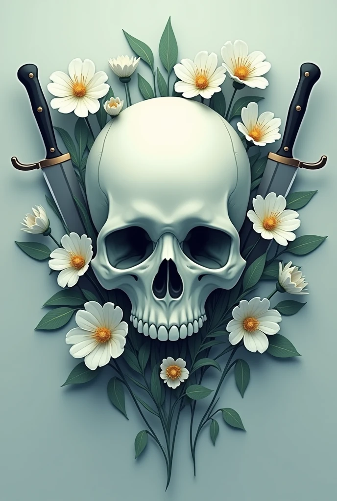 LOGO OF A PALE SKULL WITH A FRAME OF MYTHICAL WHITE FLOWERS AND KNIVES ANIMATED CARTOON