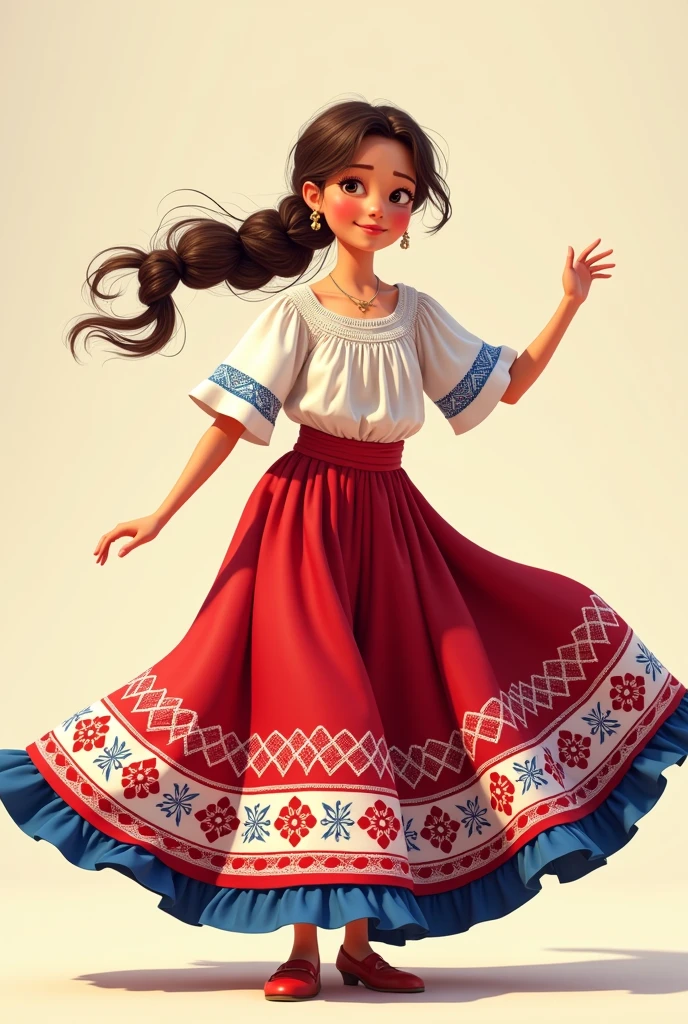 Poster of a Pixar character in a typical Paraguayan costume, wearing a white blouse, dancing with brown hair in a braided ponytail and a jug on her head, Brown eyes, barefoot and wearing a loose white blouse with a long red, white and blue skirt. Ñanduti-type embroidery print