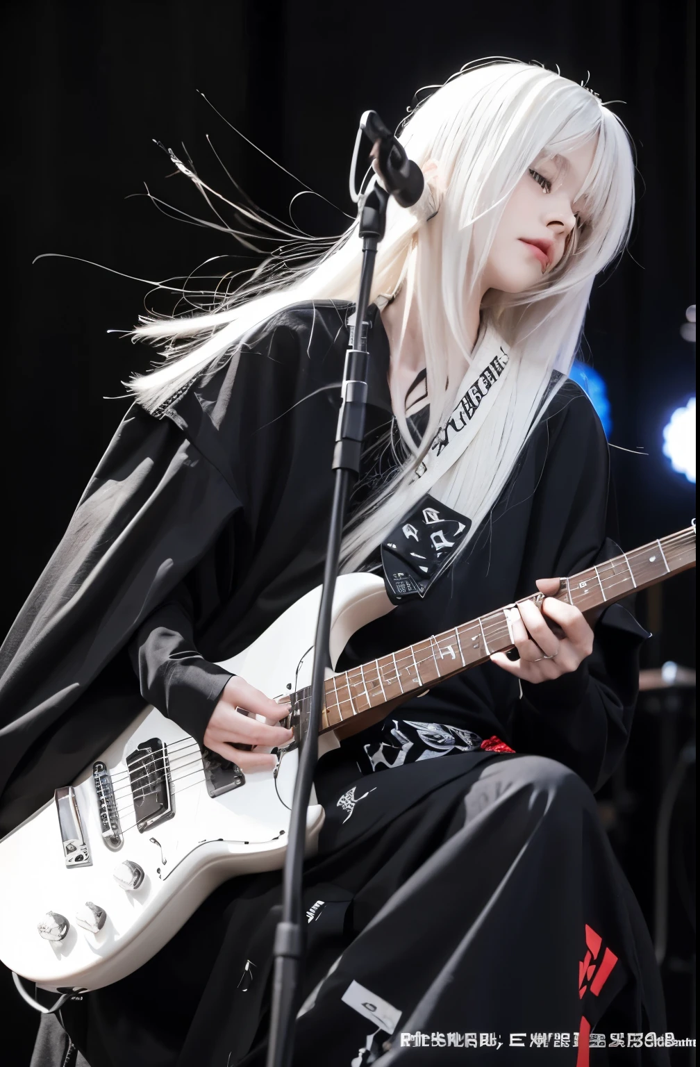 Long white hair, eyes hidden by long bangs, playing guitar, black clothing.