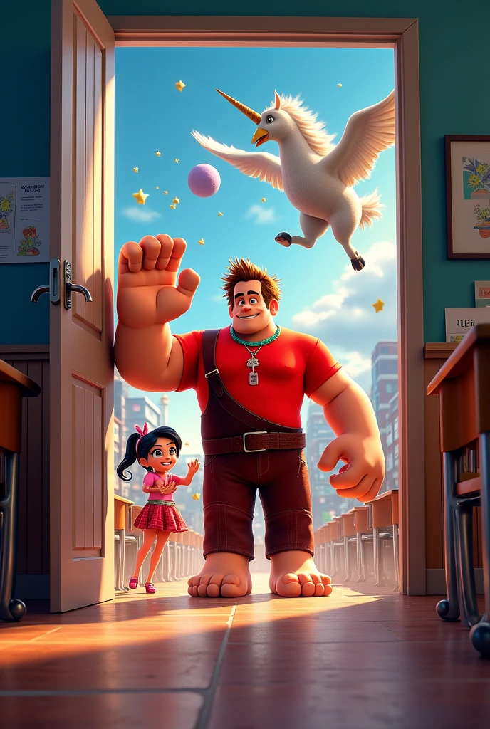 Generate a Wreck-It Ralph themed cover image, where they come out of a door and destroy it with various characters for a classroom of school children with measurements 1,50m high 70cm wide and 1080p resolution about a unicorn and fighting with a giant owl 