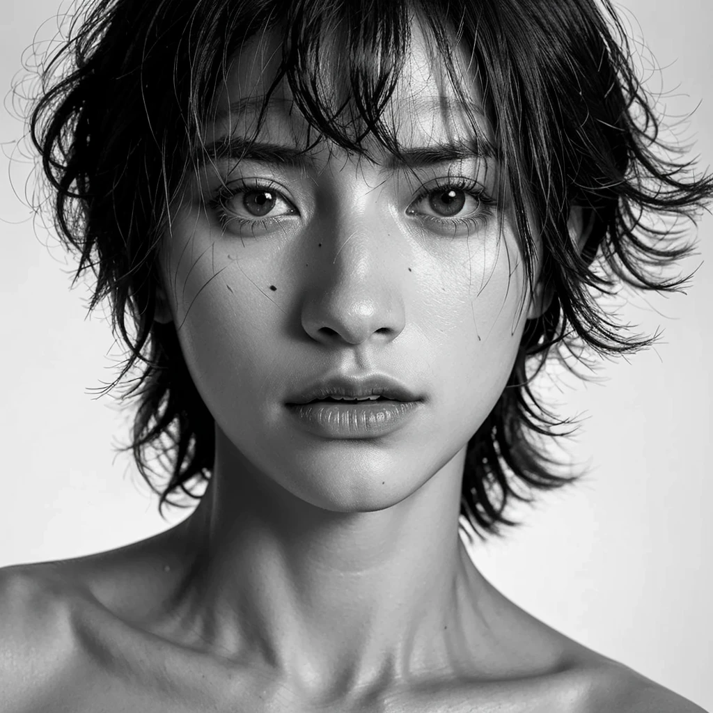 greyscale,monochrome,solo,1boy,male focus,realistic,looking at viewer,messy hair,scar,grey background,upper body,closed mouth,simple background,portrait,scar on face,lips