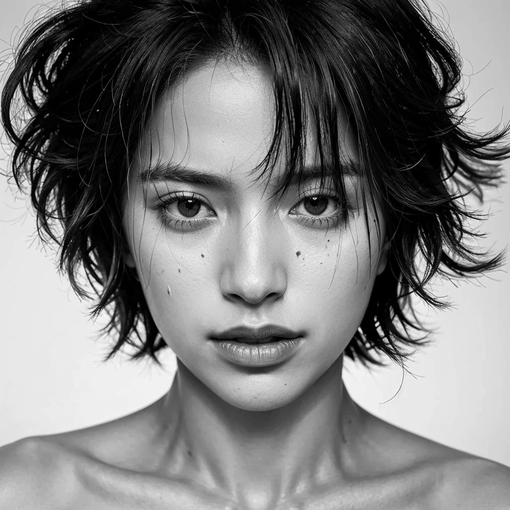 greyscale,monochrome,solo,1boy,male focus,realistic,looking at viewer,messy hair,scar,grey background,upper body,closed mouth,simple background,portrait,scar on face,lips