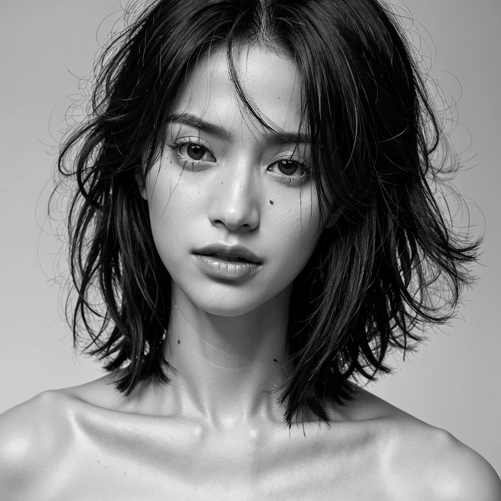 greyscale,monochrome,solo,1boy,male focus,realistic,looking at viewer,messy hair,scar,grey background,upper body,closed mouth,simple background,portrait,scar on face,lips