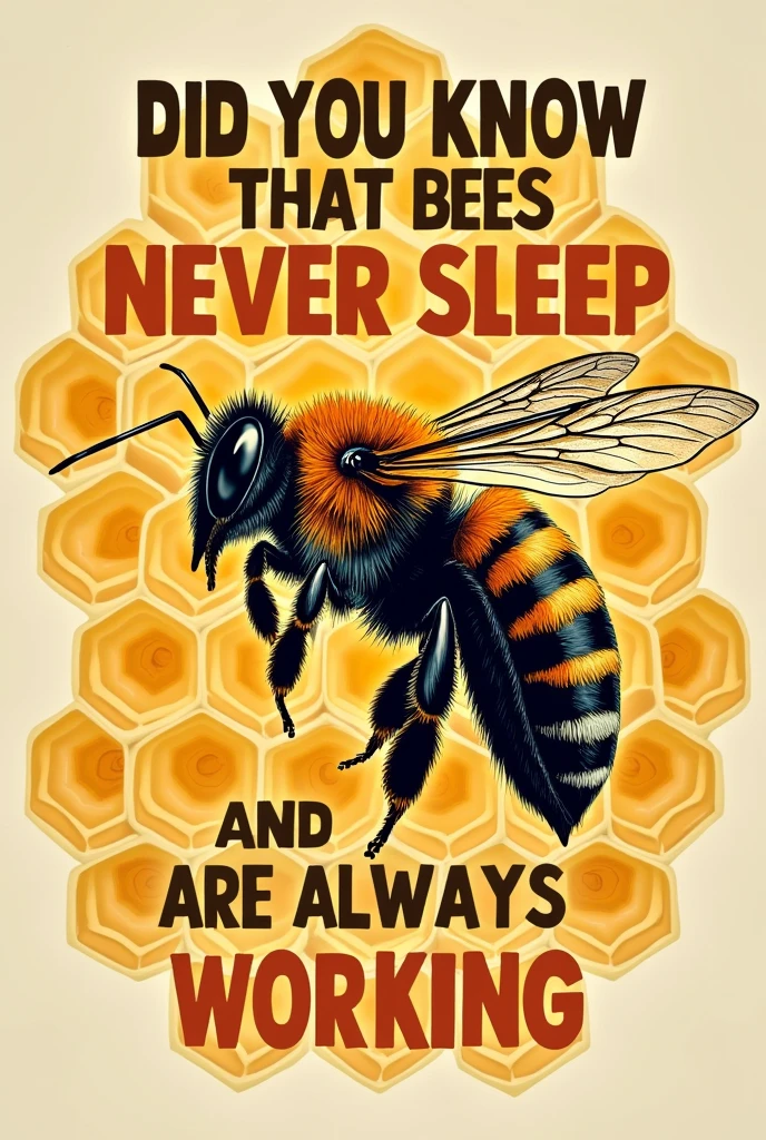 SAY DID YOU KNOW THAT Bees never sleep and are always working.
MAKE A DESIGN AS INTERESTING FACT, BUT IT RELATES TO THE STUDY IN IMAGE WITH LETTERS THAT YOU SAY YOU KNEW THAT