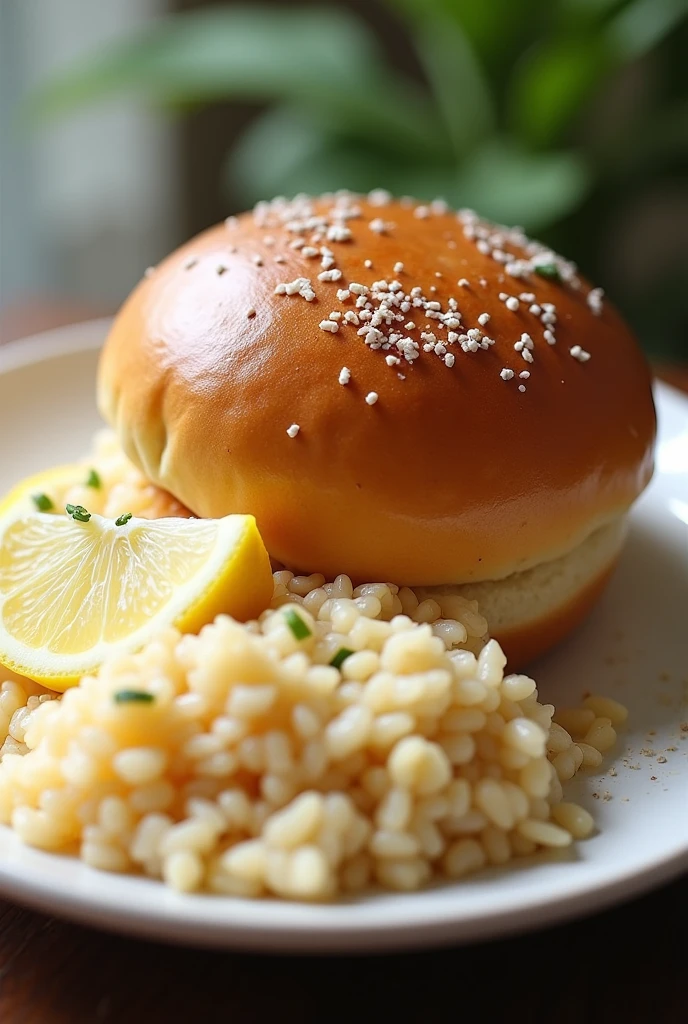A plate with a bun with a portion of rice and a slice of lemon