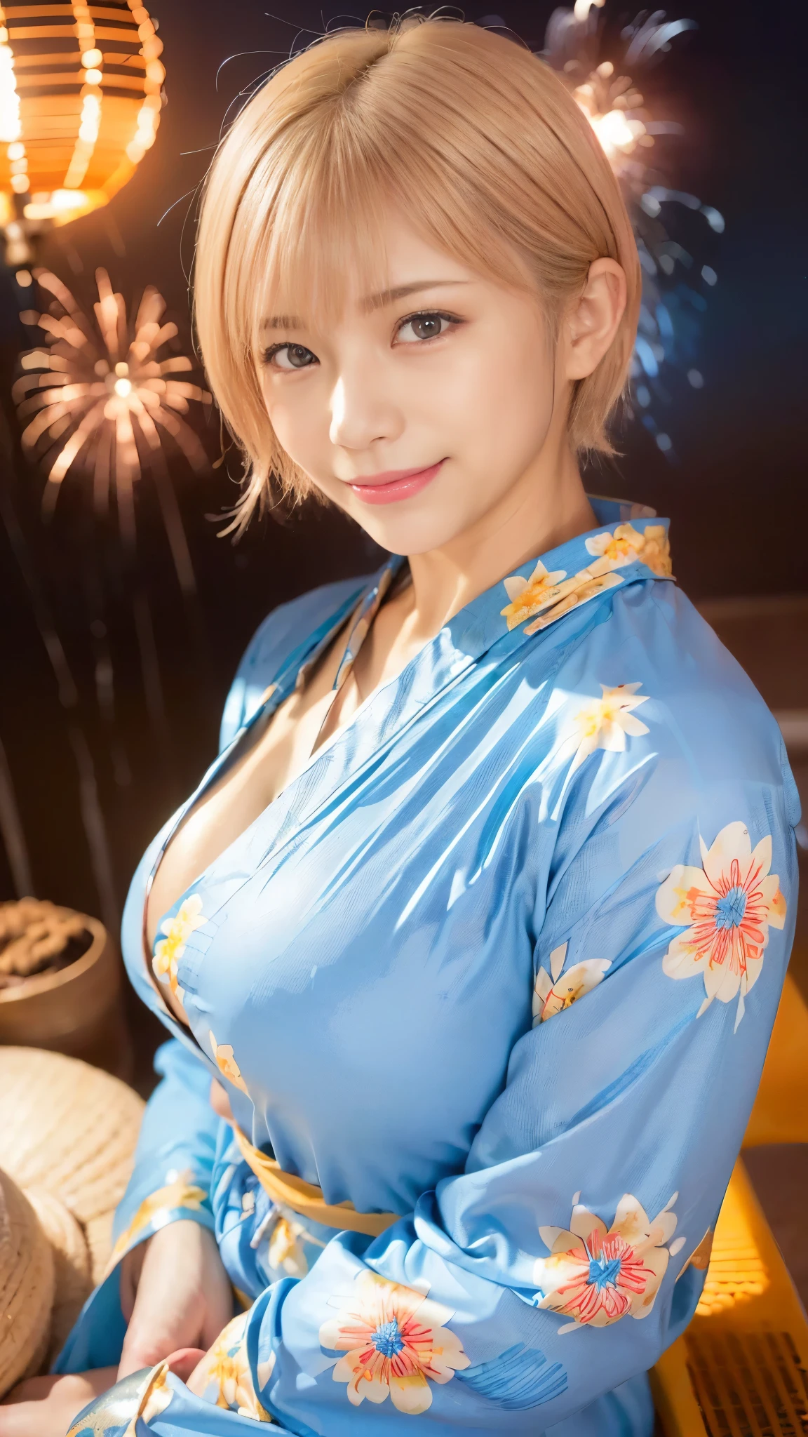 (8k,Ultra-high resolution,Highest quality,masterpiece,Realistic,Ultra-high resolution,High-quality RAW color photos,Professional photos,Realistic,Realistic),Natural skin texture,Fine skin,Hyperrealism,Intricate details,Adult women,Eye highlights,Glossy Lips,(Cute smile,Blonde short hair,Blonde Hair,bangs),(((A light blue yukata with a flashy floral pattern,Tight yukata,geta))),((((Night Sky,(Summer festival,firework,Large crowd)))))Warm lighting,(Shiny skin,See-through nipples,full body,Sit on a bench)