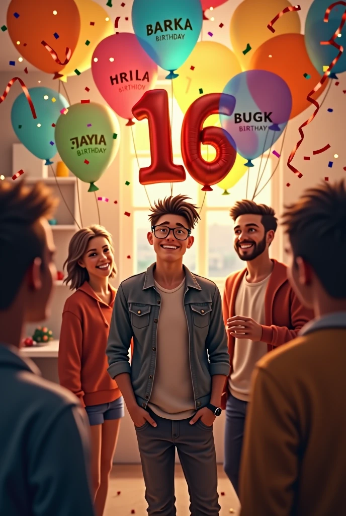 People celebrating the birthday of a 16-year-old boy, with balloons with Piero name.