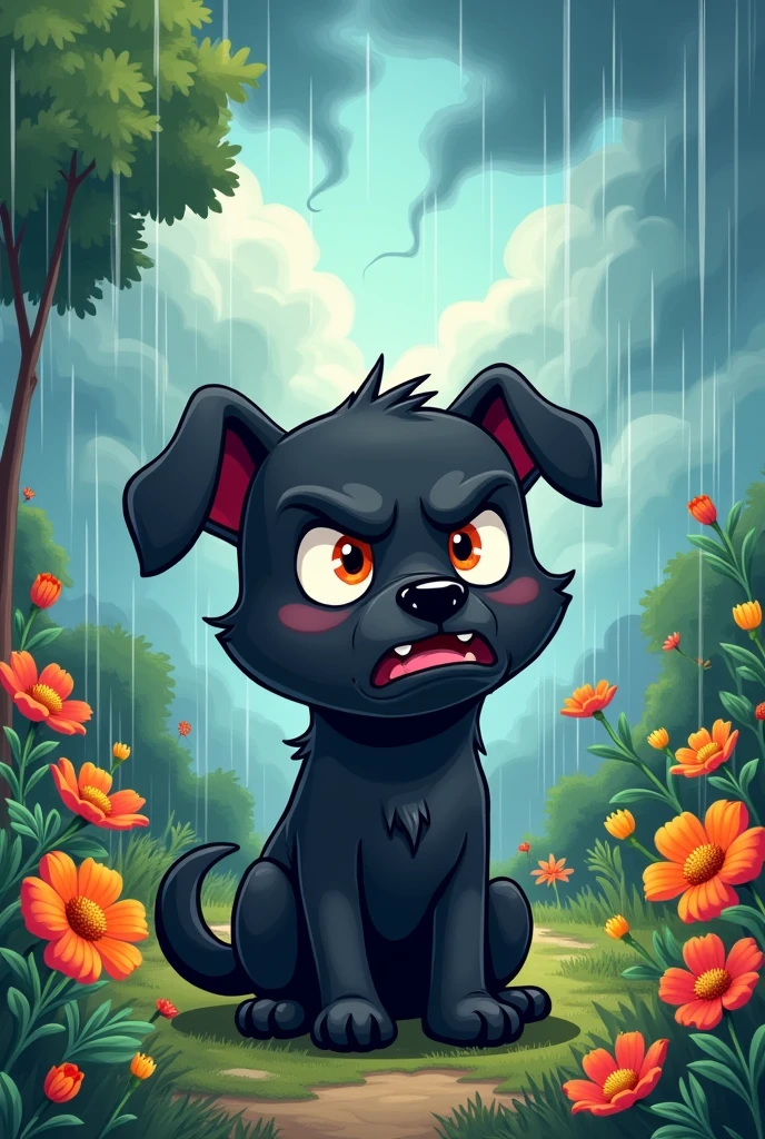 A very cute and cheerful cartoon black dog, but with an angry face, on a stormy background ground is a beautiful garden