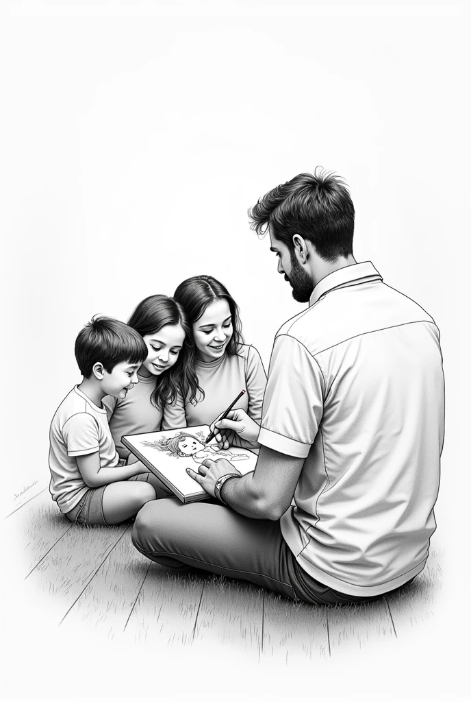 Man drawing his family. black andwhite