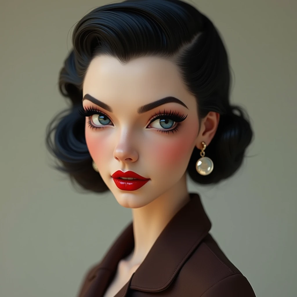 A stunning young woman inspired by 1940s fashion, with a vintage, sophisticated, and slightly gothic look. She has a refined, symmetrical face with expressive blue eyes, long, thick black lashes accentuated by a light gothic-style mascara, and well-defined eyebrows. Her jet-black hair is styled in an elegant 1940s updo, showcasing her long, wavy locks. Her skin is fair and flawlessly textured, with a subtle glow. Her makeup reflects the era, with bold red lipstick accentuating her full lips. She has a slender, graceful silhouette with a narrow waist and long legs, wearing a fitted brown jacket and a matching pencil skirt typical of the 1940s. She completes her look with high-heeled black shoes and large statement earrings. Her hands are delicate, with perfectly manicured red nails. She gazes directly at the viewer with a confident and captivating expression. The image is rendered with ultra-high-definition detail, showcasing the finest textures and an anatomically accurate portrayal in a 4K, photorealistic style