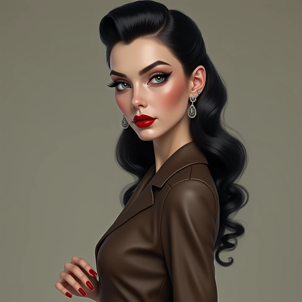 A stunning young woman inspired by 1940s fashion, with a vintage, sophisticated, and slightly gothic look. She has a refined, symmetrical face with expressive blue eyes, long, thick black lashes accentuated by a light gothic-style mascara, and well-defined eyebrows. Her jet-black hair is styled in an elegant 1940s updo, showcasing her long, wavy locks. Her skin is fair and flawlessly textured, with a subtle glow. Her makeup reflects the era, with bold red lipstick accentuating her full lips. She has a slender, graceful silhouette with a narrow waist and long legs, wearing a fitted brown jacket and a matching pencil skirt typical of the 1940s. She completes her look with high-heeled black shoes and large statement earrings. Her hands are delicate, with perfectly manicured red nails. She gazes directly at the viewer with a confident and captivating expression. The image is rendered with ultra-high-definition detail, showcasing the finest textures and an anatomically accurate portrayal in a 4K, photorealistic style