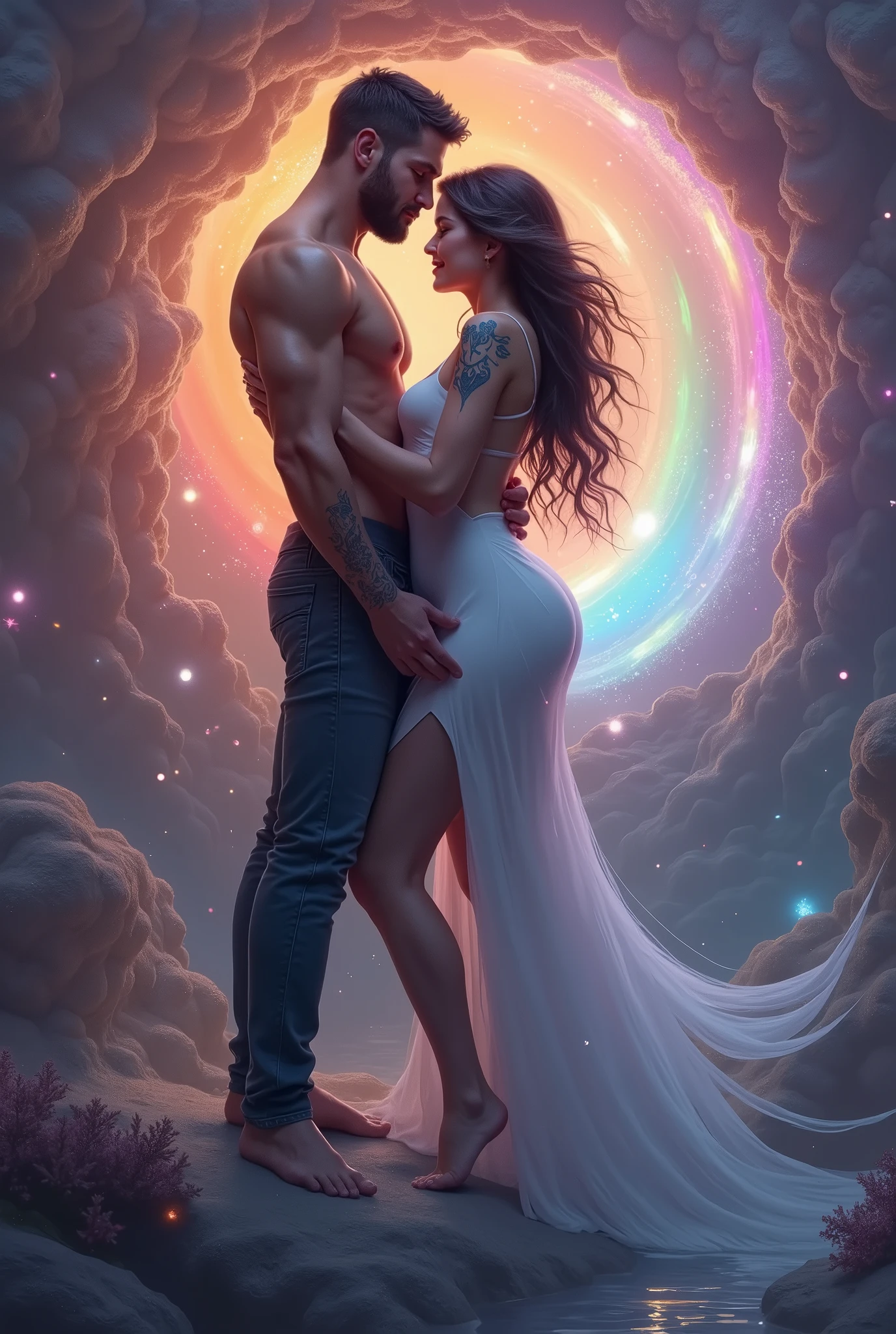 Masterpiece, Need for Good, 1 Man, Adult, Mature Woman, Tall Muscle Man, Dark Theme, Magic Array, Bubbles, Rainbow Sunlight, Underwater, Mirror, Floating Glass Sheets, Rainbow Light, Bubble Swirl, Wind Vortex, Aurora, Fantasy Landscape, Starlight Around the Character, (Upper Body), Naked on Upper Body, with a unicorn tattoo