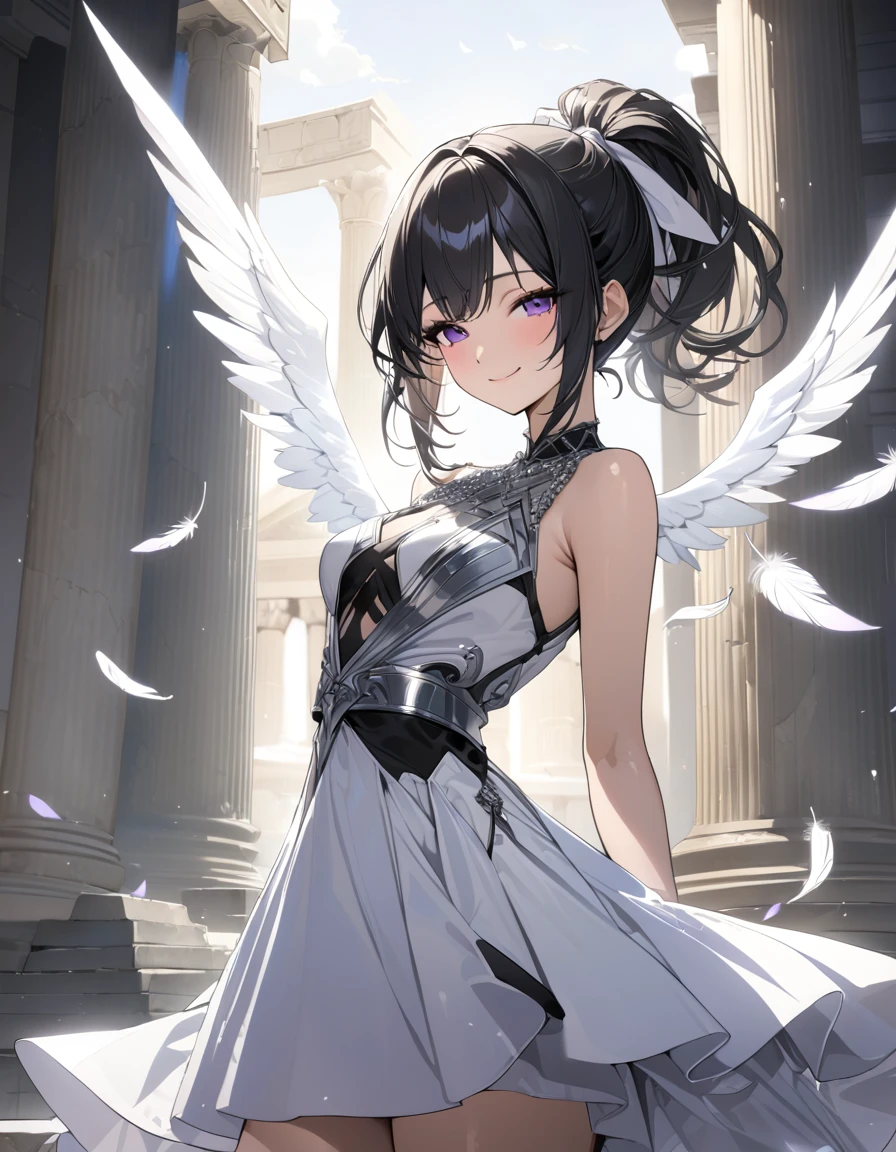 (masterpiece)、(absurdres)、(ultra detailed)、(8k),angel:1.1,(solo lady、shiny black hair、irish purple eyes、short highponytail
、(1white ribbon:1.1)、(Gothic MaxiDress:1.2)(silver detailed),floating angel feathers:1.3,(backlighting:0.9),Ancient Greek temples:0.9、half-closed eyes,closed mouth,smile,cowboy shot,