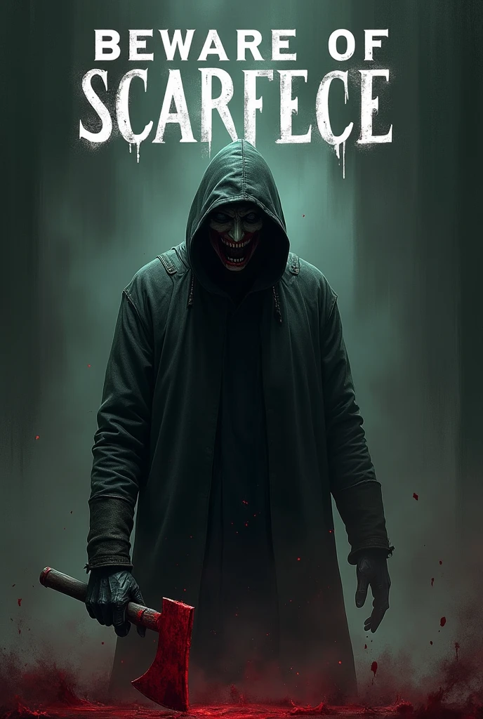 A book cover that says “beware of scarfece” and a man in a mask with a bloody axe