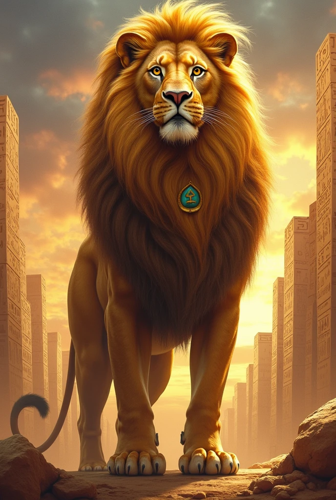 make a imagen representing a lion in the mitology Egipto