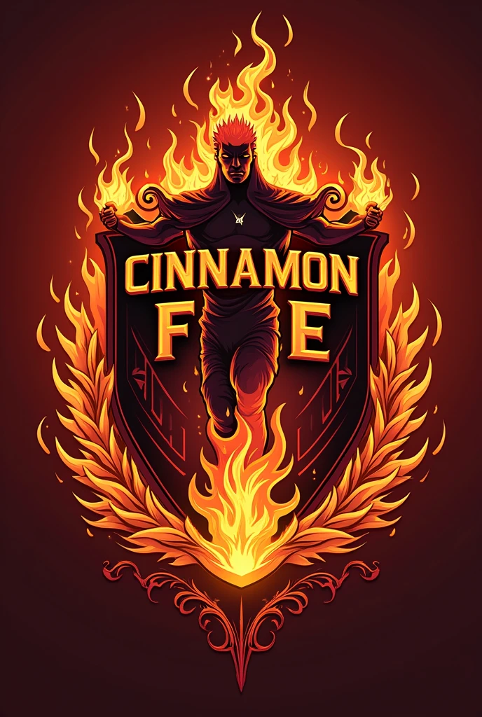 Create a coat of arms as if it were a football team that has the same name "cinnamon fire". Bote uma perna inteira pegando fogo in the coat of arms. Also put the name " cinnamon fire" in the coat of arms.