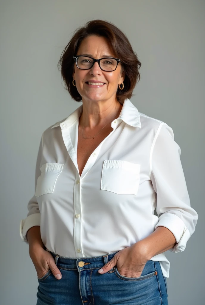((beautiful face)), 50 years old busty woman wearing jeans with big hips and big breasts with white button down dress shirt and nice cleavage close up and short brunette hair and glasses