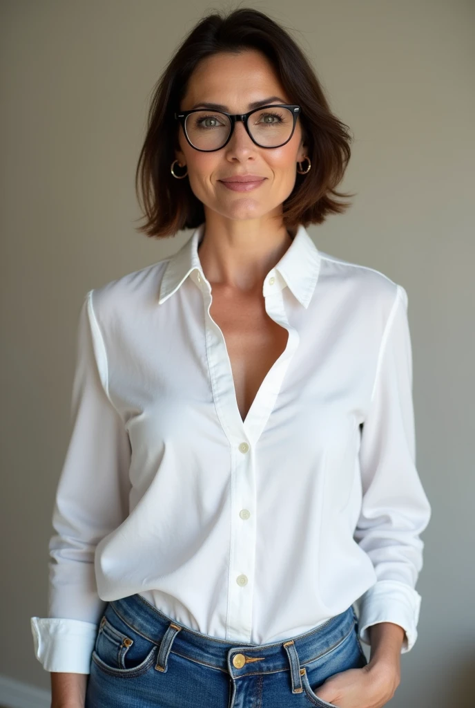 ((beautiful face)), 50 years old busty woman wearing jeans with big hips and big breasts with white button down dress shirt and nice cleavage close up and short brunette hair and glasses