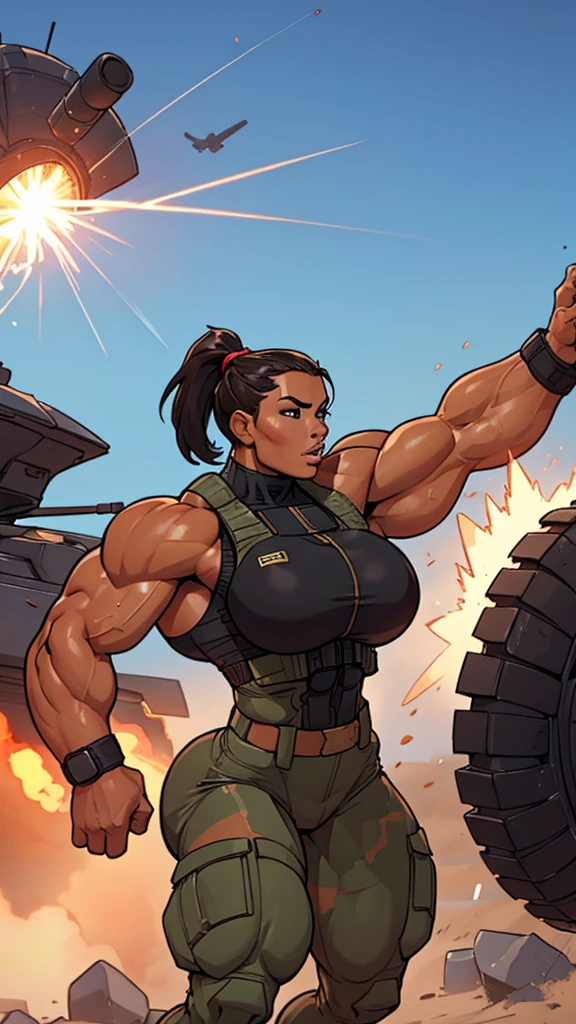 (Masterpiece, Top quality, best quality, Official art, beautiful and aesthetic:1.2), (1 girl:1.3), dark brown hair victoria curls, vintage 1940s American hairstyle, extremely detailed, portrait, looking at viewer, solo, (full body:0.6), detailed background, close up, vintage makeup, retro style, (Warm Summer Military Base Theme:1.1), Busty human pinup girl, she has the (((Giant bare breasts, nipples big erect)))elegant face, long face, charlatan, smirk, mysterious, posing on top of a tank, patriotic costume, Star Spangled costume, high heels, legs, M4 Sherman tank, World War II tank, armored vehicle , ((((giant breasts, skin teeth, cleavage)))), toned, slim waist, thin hips, long legs, muscular legs, historical (WW2:1.1 military base exterior) background, dark mysterious lighting, darkness, magical atmosphere, dutch angle