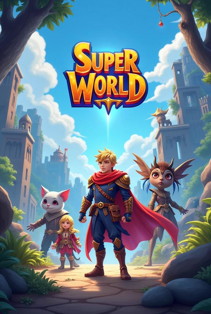 Create the home screen for an open world RPG game, called SUPER WORLD with the game name in the middle