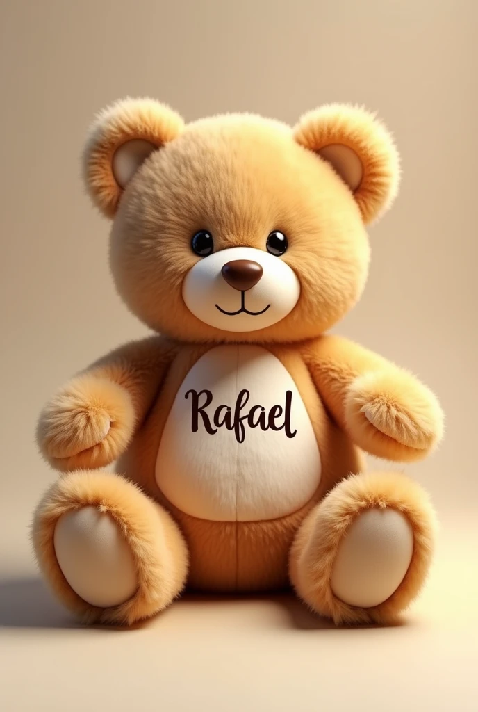Make a realistic 4K image of a teddy bear with the name Rafael printed on it