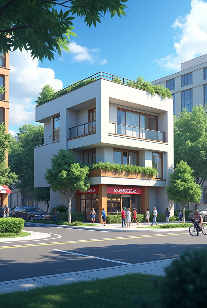The outside of the house has a cafeteria next to it and a shopping center in front.
