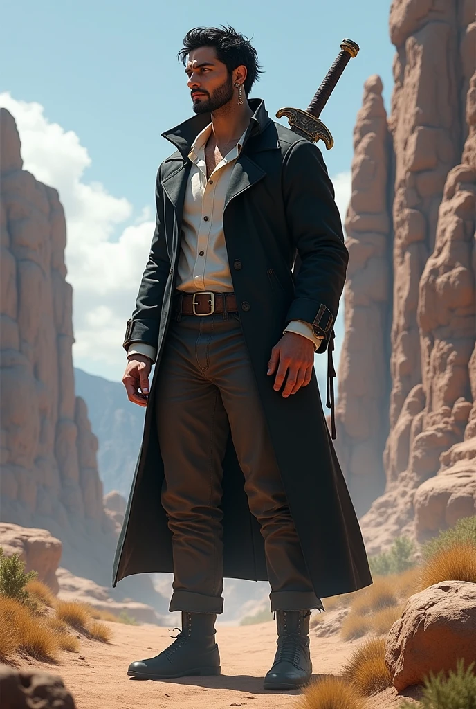 He is a tall indigenous man, 2 meters tall, with short dark hair and a beardless face. His eyes are wolf-like and one of them is closed with pointed ears with earrings. He wears a dark black overcoat with a white shirt underneath in a formal style with simple formal pants and has a strong physique. A large sword is strapped to his back. I would like the art in a fantasy RPG style. In the Old West