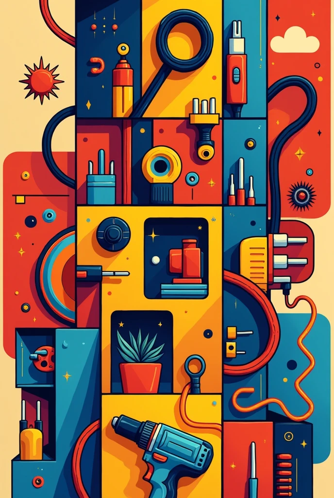 Create a drawing in the style of Joaquin Torres Garcia in vertical, but instead of having the symbols of that painter, Draw symbols of electrical tools and components. Make squares and geometric shapes and inside some of these draw the tools. All with primary colors. Don&#39;t do it in 3D, make it cartoon style just the outline