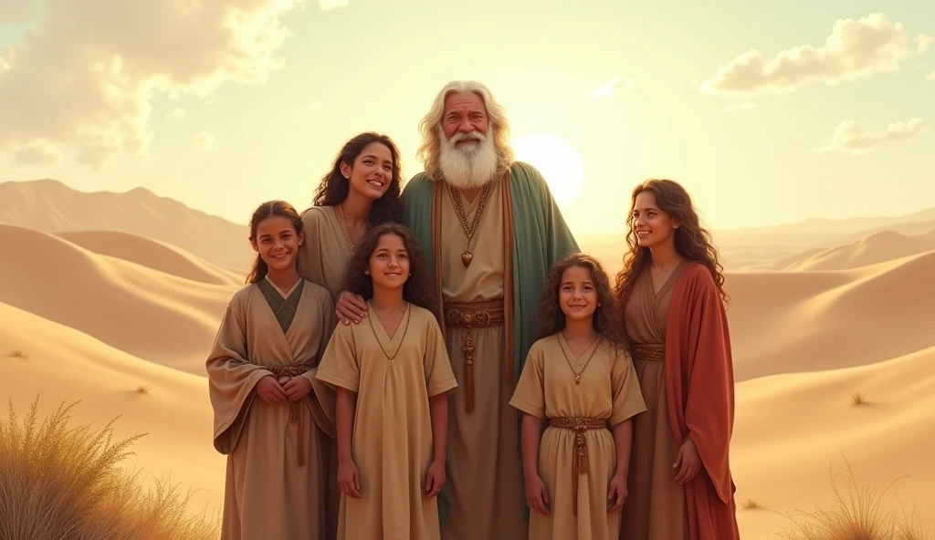JOB WHITE HAIR
FROM THE BIBLE HAPPY WITH HIS WIFE AND HIS SEVEN CHILDREN DESERT LANDSCAPE