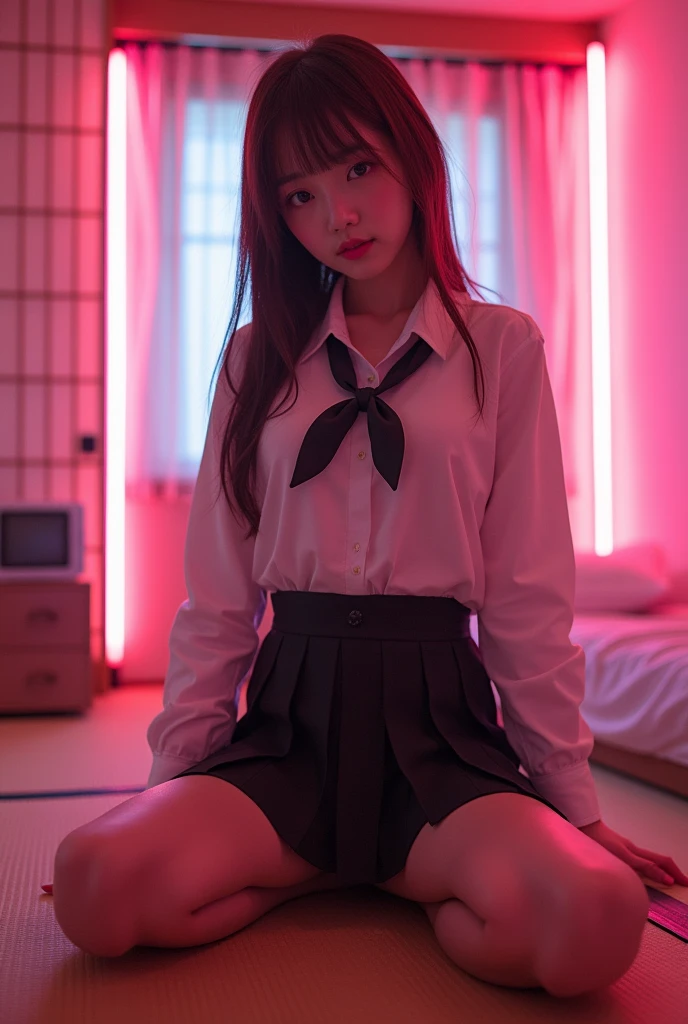 (Japanese 18 year old high school girl))　((Plump and glossy lips))　Saggy breasts　((Brown Hair))　((Looking into the camera))　Sit with your legs apart　((White Shirt　Ribbon tie　Pleated skirt　Gal Uniform))　Low angle shot of a person standing facing forward　Looking down　((A bedroom with shoji screens and tatami tatami lit up with pink neon lights))　(((( Please look at my pussy with my legs spread in an M-shape:1.2))))