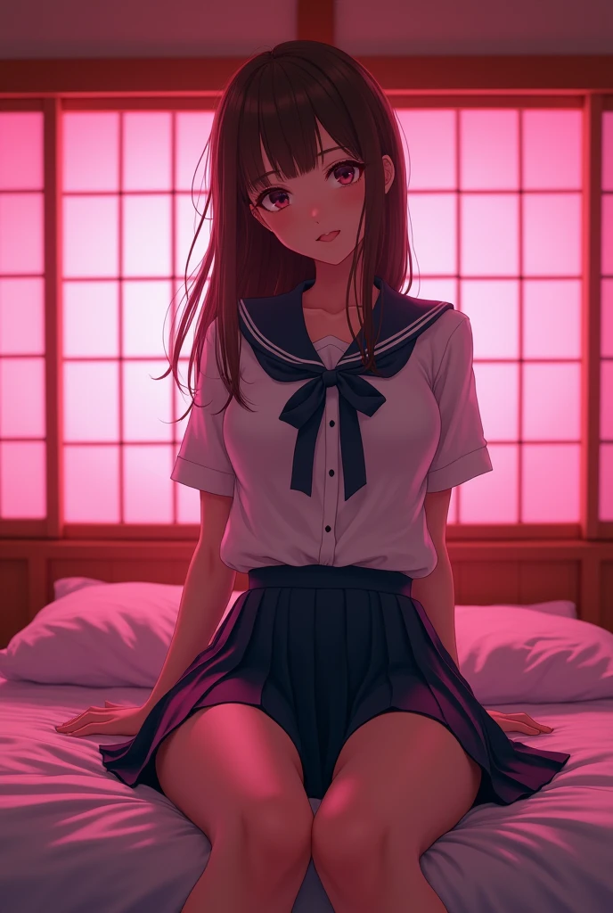 (Japanese 18 year old high school girl)) ((Plump and glossy lips)) Saggy breasts ((Brown Hair)) ((Looking into the camera)) Sit with your legs apart ((White Shirt Ribbon tie Pleated skirt Gal Uniform)) Low angle shot of a person standing facing forward Looking down ((A bedroom with shoji screens and tatami tatami lit up with pink neon lights)) (((( Please look at my pussy with my legs spread in an M-shape:1.2))))