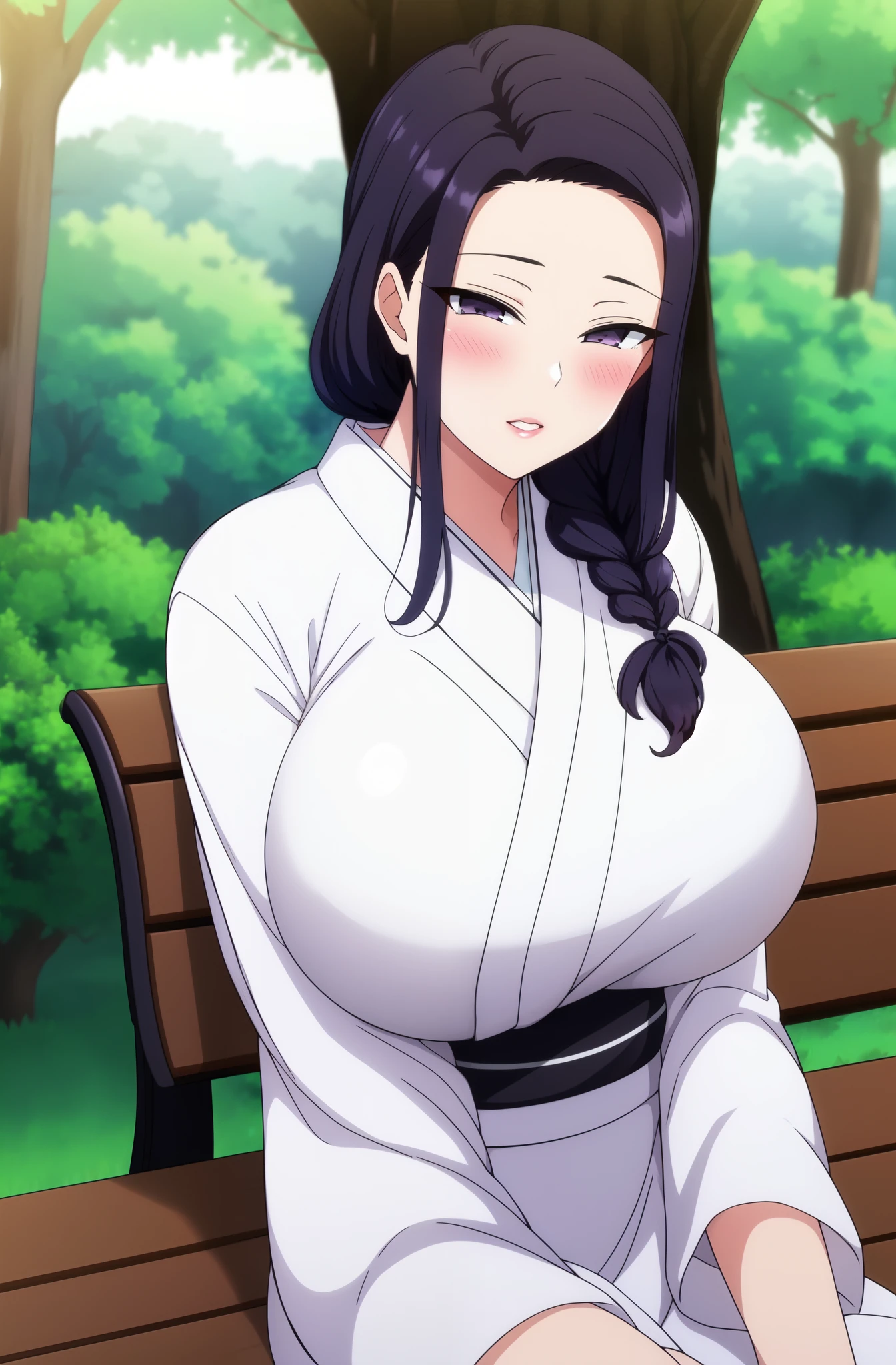 masterpiece, best quality, highly quality ,huge breast, braid , black_hair, long_hair, hair_pulled_back,parted_lips,purple_eyes, white kimono , park background , (blush:1.2) , sitting , bench , tree , looking at viewer,
